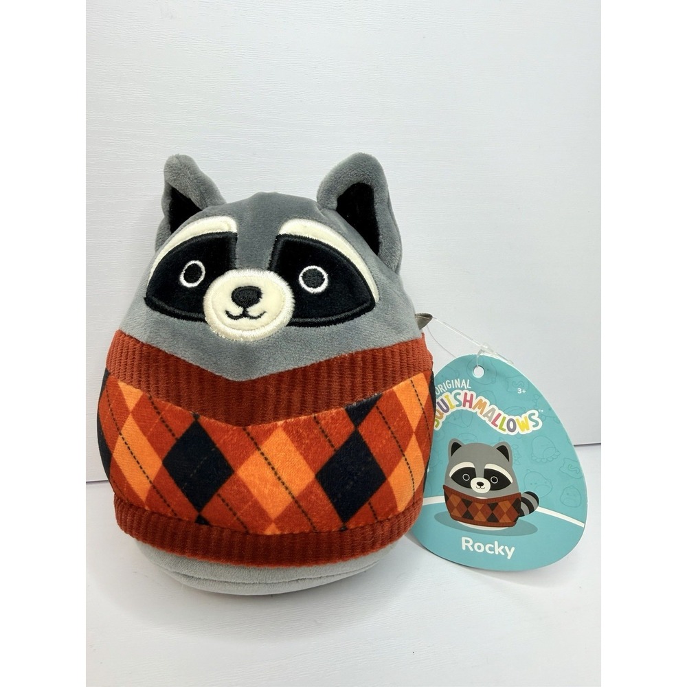 Squishmallows Rocky The Raccoon Plush Argyle Fall Sweater NWT